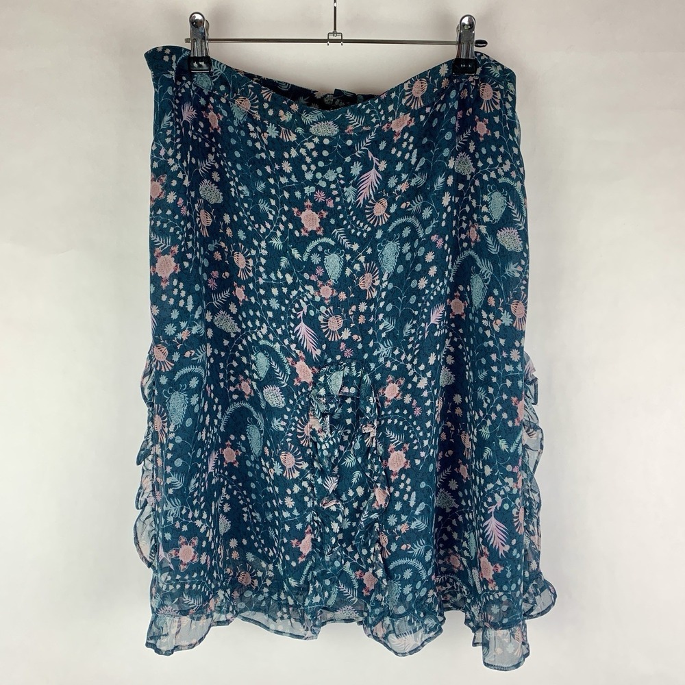 Brora Skirt 100% Silk Floral Navy Blue Knee Length Lined Ruffle Feminine Liberty